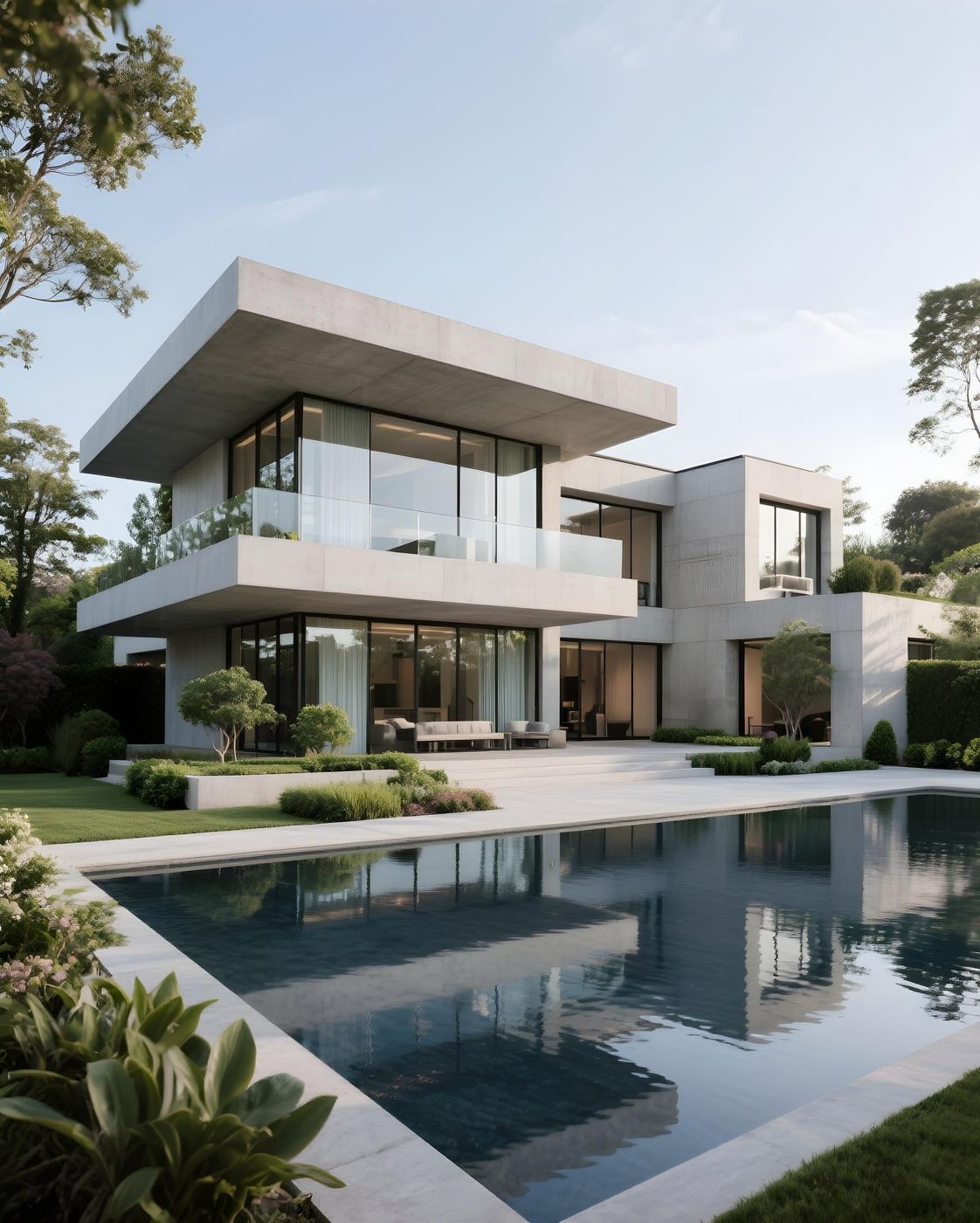 Luxury villa exterior with pool designed and built by Manzil Homes